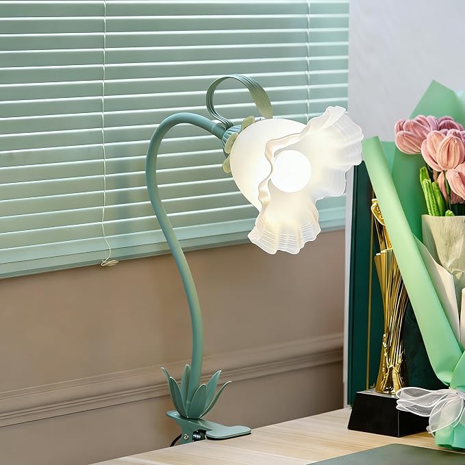 Flower Clip On Desk Lamp for Home and Dorm - Cute Floral Clip On Bedside Book Reading Light, Green Flower Bunk Bed Lighting, Kawaii Led Flexible Gooseneck Table Lamp for Headboard with Clamp