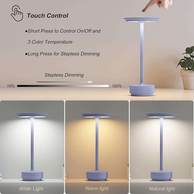 TBBGA 2 Pack Rechargeable Table Lamps Cordless, 5000mAh Outdoor Table Light | 3 Color Stepless Dimming Portable LED Table Lamp with Memory Function, for Home/Dinner/Patio/Restaurant.(Light Purple)
