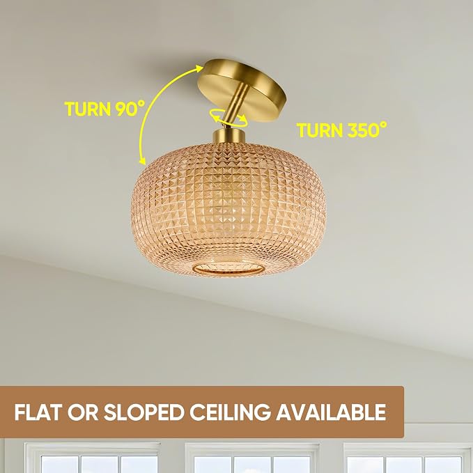 ROTTOGOON Semi Flush Mount Ceiling Light, Adjustable Hanging Gold Sloped Ceiling Lights with Amber Glass Shade Modern Hallway Light Fixtures for Kitchen Bathroom Entryway Bedroom (Bulb Not Included)