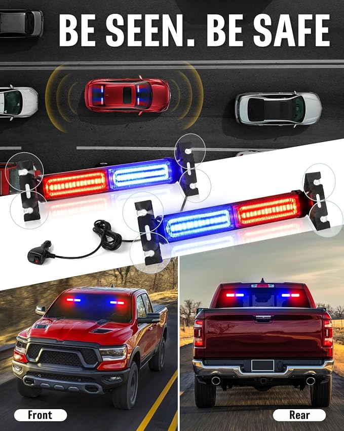 HLauto 1002L Emergency Strobe Traffic Advisor Light Bar: 40 LED Dash Safety Warning Flashing Light, Front/Rear Windshield Visor Lights for Construction Vehicle, Tow/Plow Truck (2x10.7inch, Red Blue)