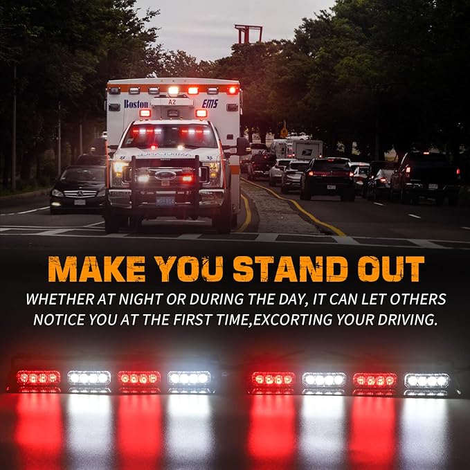XRIDONSEN Emergency Dash Strobe Lights Safety Flashing Warning Hazard Interior Front/Rear Windshield Deck Split Lights for Volunteer Firefighter Vehicles Trucks (2x14 inch, Red White)