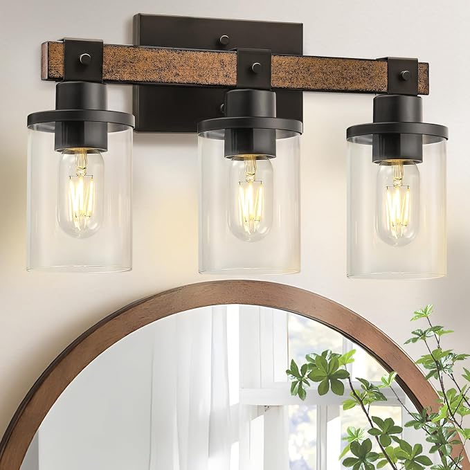 3-Light Bathroom Light Fixture, Farmhouse Vanity Lights for Bathroom with Glass Shade, Rustic Bathroom Light Fixtures, E26 Base F08BD05
