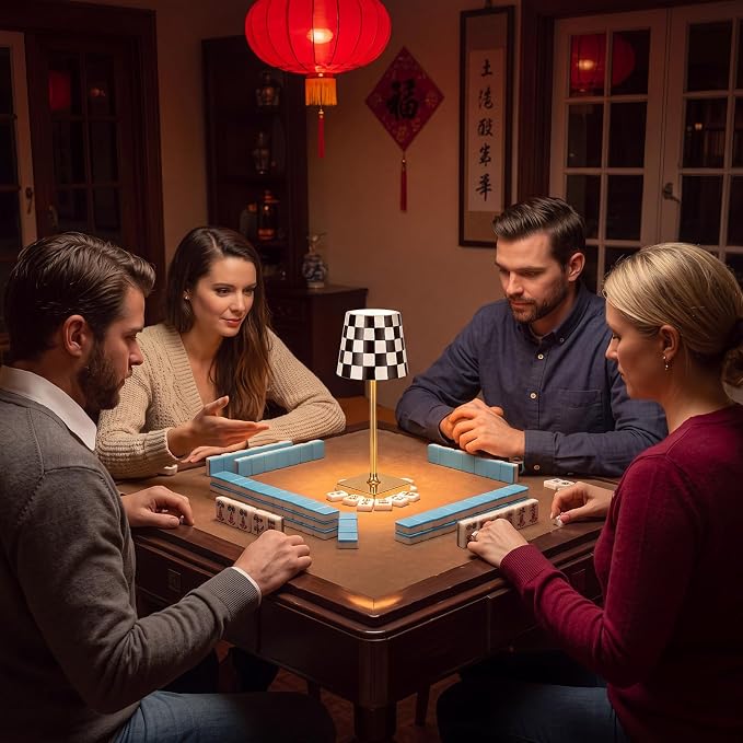 Pickmesh 1 Pack Black Checkered Mahjong Cordless Lamp Scalloped Edge Mahjong Print LED Lamp 3 Color Dimmable Rechargeable Stylish Lamps for Mah Jong Table Living Room Nightstand Desk