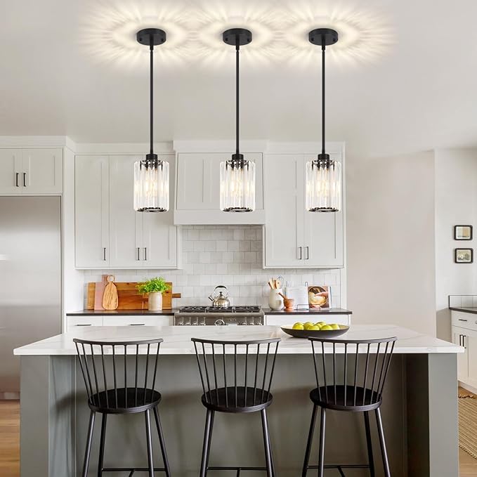 3 Pack Black Pendant Lights Kitchen Island, Modern Crystal Kitchen Pendant Lighting Over Island, Adjustable Hanging Bathroom Light Fixtures Mini Pendant Light for Dining Room Hallway Entryway Foyer