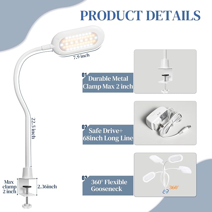 LED Reading Lamp, Eye Care Table Light Bright Enough for 700 Lumen, 10W Dimmable & 3 Color Modes, 360° Swivel Lamp Head Touch Desk Lamp for Home Office/Reading/Work (White)