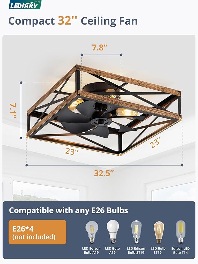 LEDIARY 23” Caged Low Profile Ceiling Fans with Lights and Remote, Rustic Square Flush Mount Ceiling Fan, 6 Speed and Reversible, Small Farmhouse Bladeless Ceiling Fan for Bedroom, Kitchen,Dining Room