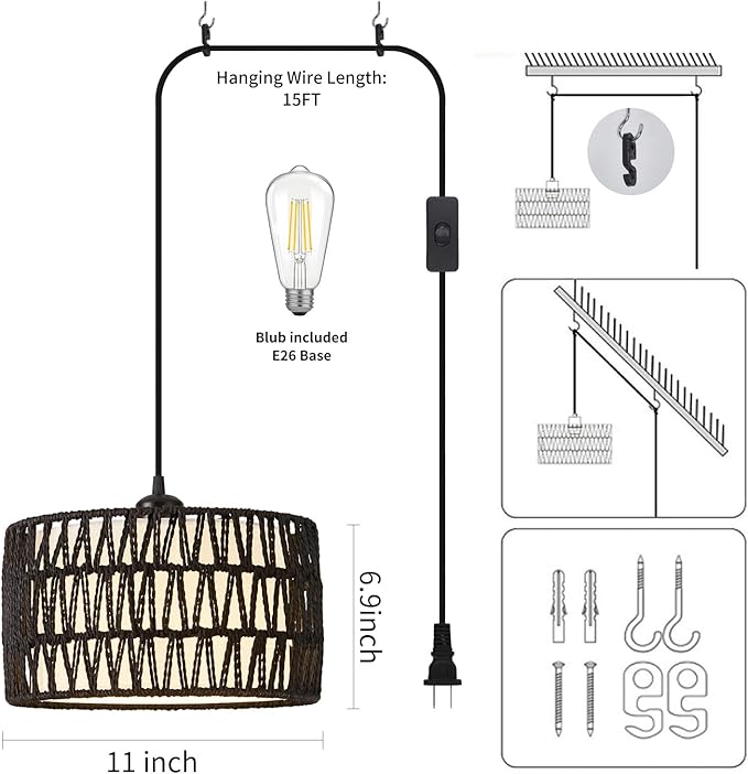 Plug in Pendant Light, Rattan Hanging Lights with Plug in Cord, Woven & Fabric 2 in 1 LampShade, Hanging Lamp Plug in for Bedroom Living Room Kitchen Island-Black (Bulb Included)