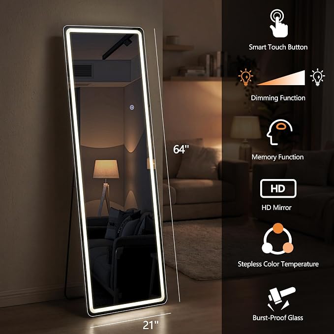 64"x21" LED Full Length Mirror with Lights - Full Body Floor Mirror, Dimmable with 3 Color Temperature, Memory Function, Standing Leaning Wall Mounted Vanity Mirror for Bedroom Cloakroom