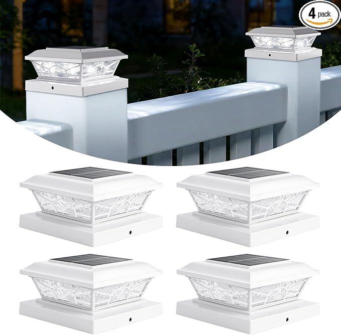 Solar Post Cap Lights, White, 4x4 3.5x3.5, 4-Pack | 2 Modes (Warm/Cool White), 16LEDs, for Wooden/Vinyl Posts, IP65 Waterproof, Outdoor, for Fence, Deck, Patio, Yard, Porch