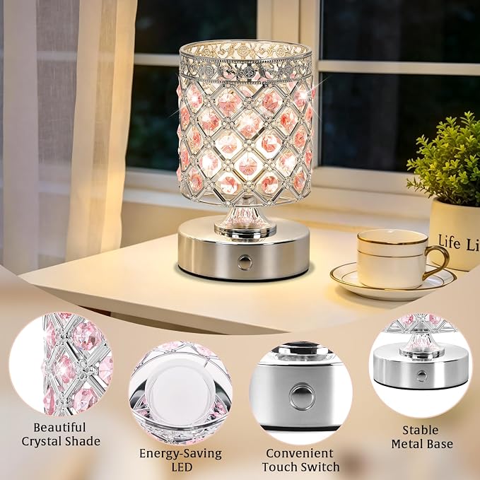 Pink Crystal Rechargeable Cordless Table Lamp, Touch Small Desk Lamp | 6000mAh Battery, 3 Color Temps, Stepless Dimming, USB Charging, Portable Wireless Night Light for Bar Bedroom Living Room