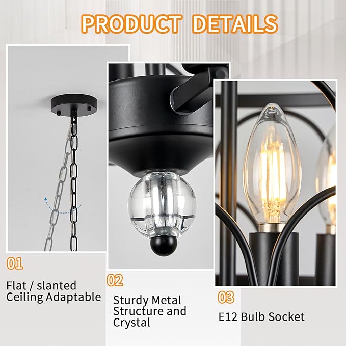 4 Light Chandelier, Black Farmhouse Light Chandelier Fixture, Industrial Adjustable Ceiling Lighting E12 Base for Kitchen Island, Bedroom, Entrance, Dining Room, Indoor