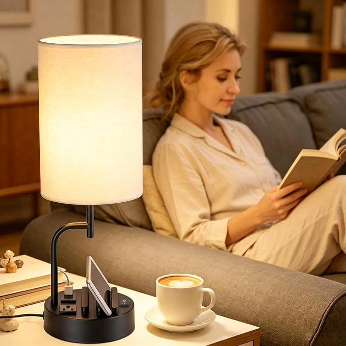 Dreamholder 2 Pack Table Lamp, Bedside Lamp with 3 USB Charging Ports & AC Outlet, USB Desk Lamp with 2 Phone Holders, Linen Fabric Shade Nightstand Lamps for Bedroom Living Room Office, Black
