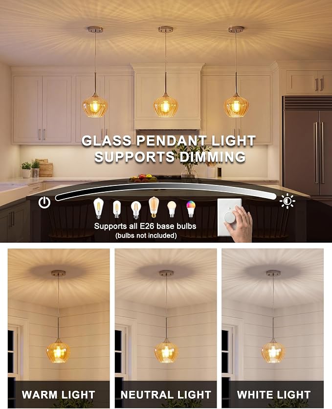 2-Pack Amber Pendant Lights for Kitchen Island, 7.7" Modern Glass Pendant Lighting with Brushed Nickel Vintage Light Fixtures Adjustable Hanging Light for Kitchen, Dining Room, Bar, Bathroom