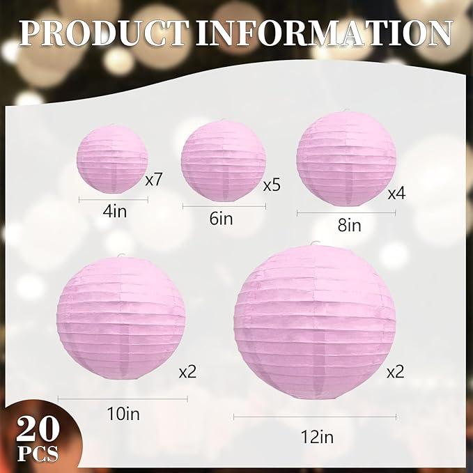 20Pcs Light Purple Paper Lanterns for Parties, 6” 8” 10” 12” Chinese Asian Hanging Round Paper Lanterns for Birthday Wedding Halloween Christmas Home Decor Party Decor