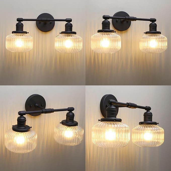 Phansthy Vintage Hardwired Sconces Wall Lighting, Bathroom Vanity Light Fixtures Antique Brass, Modern Wall Light with Clear Striped Glass Shade for Bedroom Fireplace Hallway (Black, Two-Light)