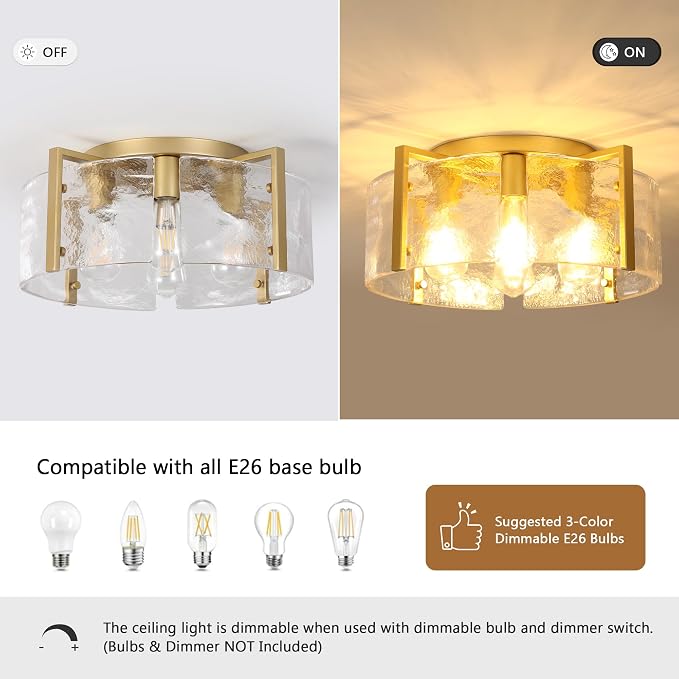 Gold 4-Light Semi Flush Mount Ceiling Light,17.7'' Modern Glass Drum Fixture,Farmhouse Hallway Light Fixtures,Ceiling Lights for Foyer Entryway Bedroom Kitchen Island Dining Room Living Room