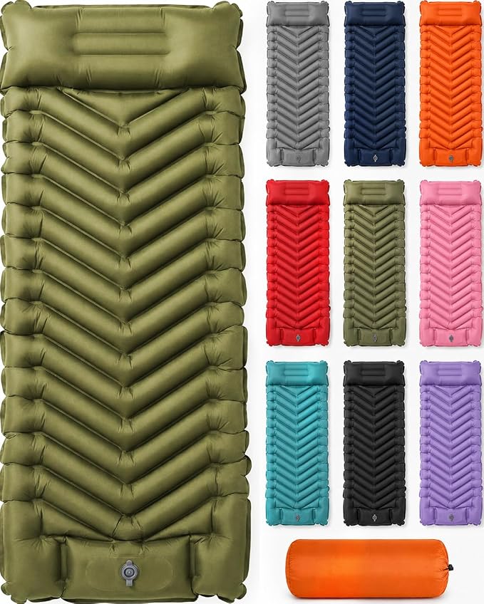 MalloMe Sleeping Pad for Camping, Camping Mattress - Bed for Outdoors Self-Inflating Air Mattress for Backpacking Leak-Resistant Inflatable Travel Mat w/Foot Pump Compact Ultralight Single & Double