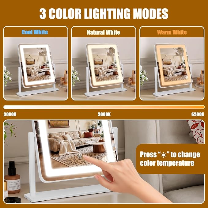 Rechargeable Vanity Mirror with Lights, 3000mAH Battery, 15"×12.2" LED Makeup Mirror, 10X Magnification, Smart Touch with 3-Color Lighting, 360° Rotation, Lighted Up for Makeup Desk, Bedroom (White)