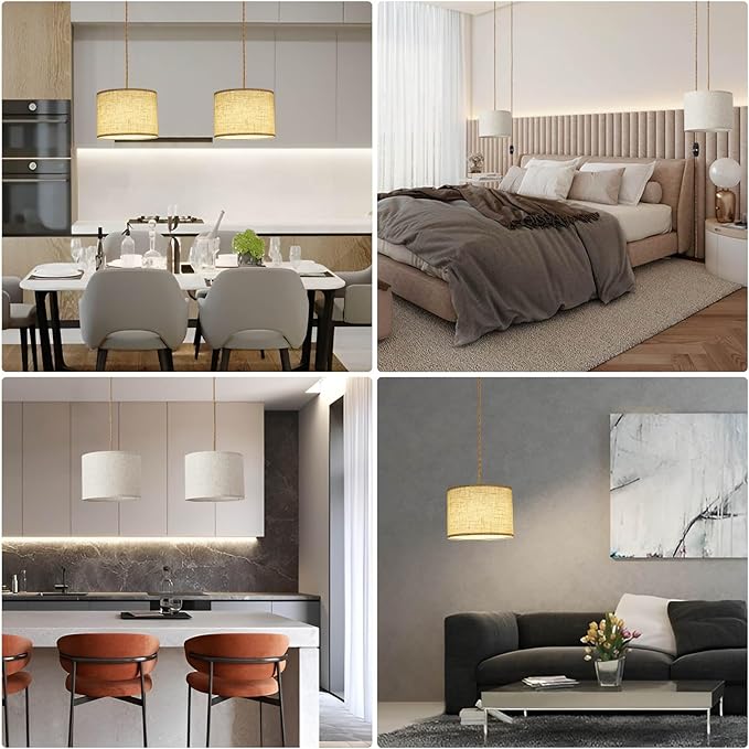 Plug in Pendant Light, Hanging Light with Plug in Cord with Dimmable Switch, Hanging Lamp with 15ft Hemp Rope, Beige Linen Shade, Fixture for Bedroom, Living Room 2 Pack