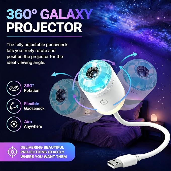 2-in-1 Galaxy Ocean HD Smart Dynamic 5D Holographic Night Light Projector | Plug and Play, USB Portable, Adjustable Brightness, 360° Rotating Design, Star Starry Sky Mini Projector for Bedroom, Blue