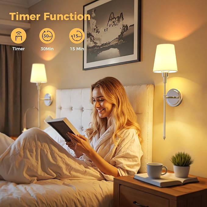 Battery Operated Wall Sconce: Set of 2 Wireless Wall Light 12000mAh | 15 Color Rechargeable Wall Sconces, Sconce Wall Decor Set of 2 for Bedroom, Living Room, Nickel, 24.6in