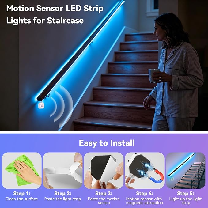 Motion Sensor LED Light Strip RGB 19.7Ft for Bed Stair,Remote & App Control | Motion Activated LED Strip Lights Color Changing Under Bed Night Lighting Indoor, Music Sync, USB Powered for Bedroom Kitchen