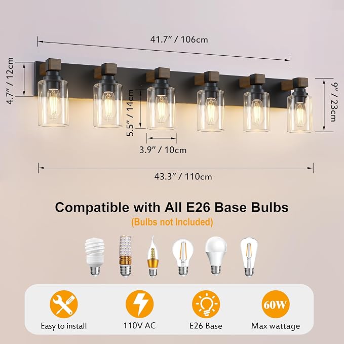 Farmhouse 6-Light Bathroom Vanity Light Fixtures, Black and Wood | 43.3″ Rustic Matte Black Metal Frame, Clear Glass Shades, Vintage Wall Sconces Lighting Over Mirror, for Bathroom Restroom