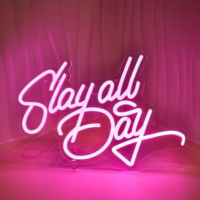 JEDAEMEN Slay All Day Neon Signs for Wall Decor Pink LED Sign Neon Lights | Pink Led Light Sign Preppy Room Decor Light Up Sign for Birthday Party Decoration USB Powered