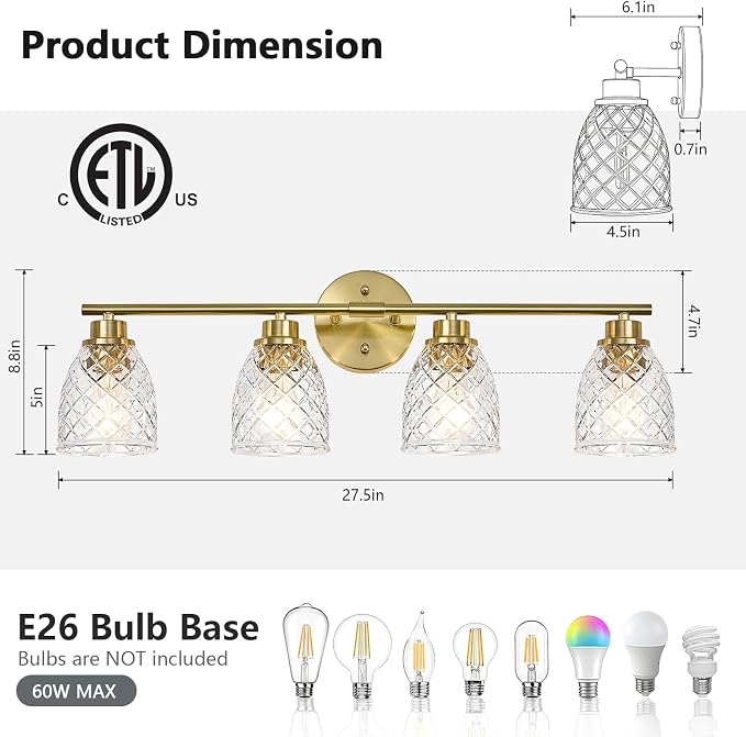 4-Light Vanity Light Over Mirror, Brushed Gold Bathroom Light Fixtures | Modern Farmhouse Wall Sconces with Hammered Glass Lampshade for Kitchen Hallway Bedroom Living Room Cabinet Porch-27.5IN