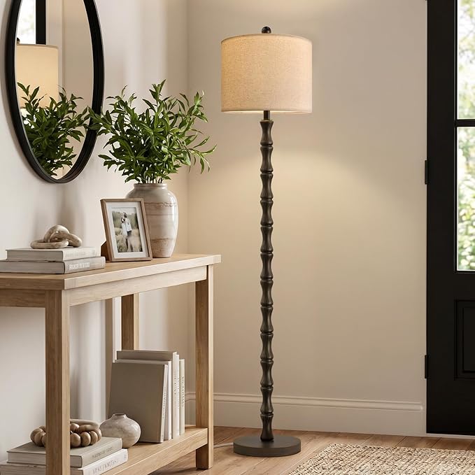 62" Farmhouse Floor Lamp for Living Room, Rustic Standing Lamp with Linen Shade and Rotary Switch, Resin Corner Floor Lamp for Bedroom, Dining Room, Office, Home Decor, Dark Brown
