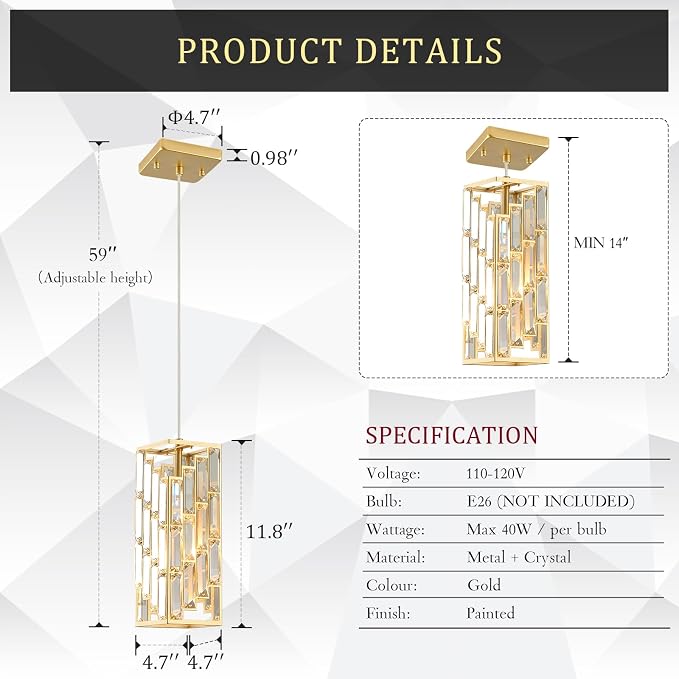 Gold Crystal Pendant Light 3-Pack, Mini Kitchen Island Hanging Lights, E26 | Gold crystal pendant lights 3-pack with adjustable 70.8" cords, E26 base, dimmable, perfect for kitchen island lighting