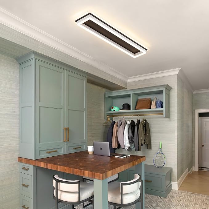 Dimmable Led Ceiling Light with Remote Control 31.5in Modern Linear Flush Mount Ceiling Lighting Fixture Acrylic Long Ceiling Lamp for Living Room Kitchen Dining Room Hallway (Black&White)