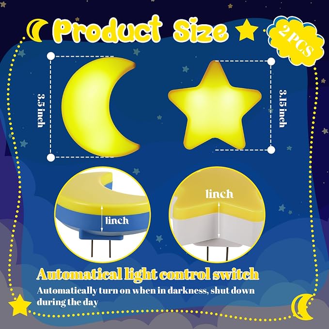 Mudder 2 Pack Night Light Plug into Wall Soft LED Night Light Cute Wall Nursery Lamp Warm Sensor Plug-in Intelligent Nightlight for Bedroom Hallway(Star, Moon,Yellow)