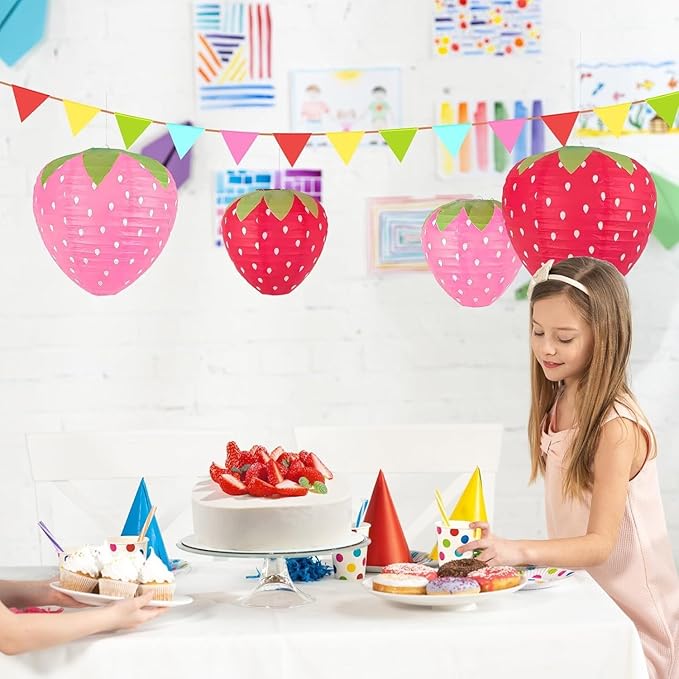 Strawberry Paper Lanterns, 8" & 12" Large Strawberry Hanging Lantern, Strawberry Hanging Decorations for Fruit Theme Birthday Party Decor(6 Pcs, Pink)