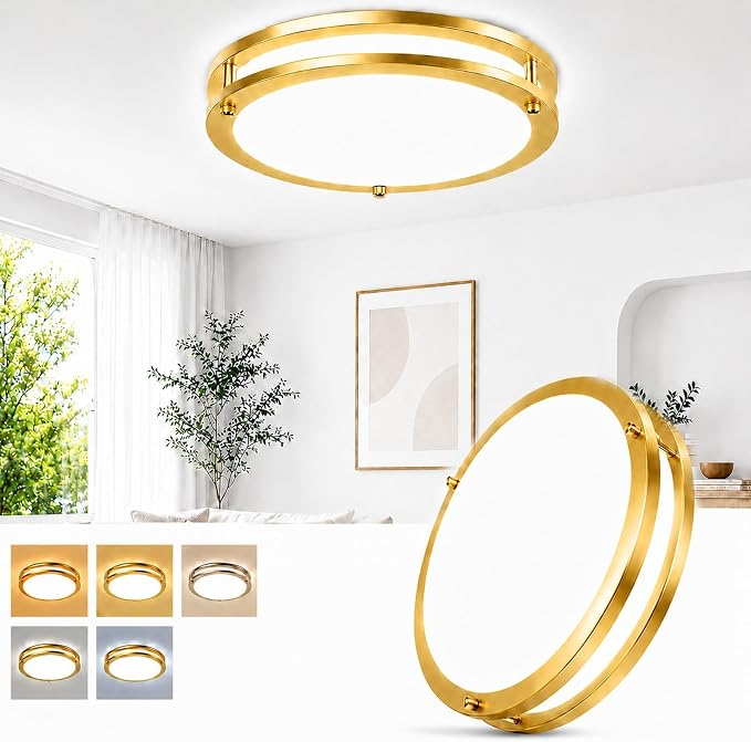 13Inch 36W Gold Modern Dimmable LED Ceiling Light Fixtures, 1-Pack 3600lm Super Bright Flush Mount Ceiling Lights, 2700K/3000K/4000K/5000K/6500K Adjustable Ceiling Lamps for Bathroom Bedroom Kitchen