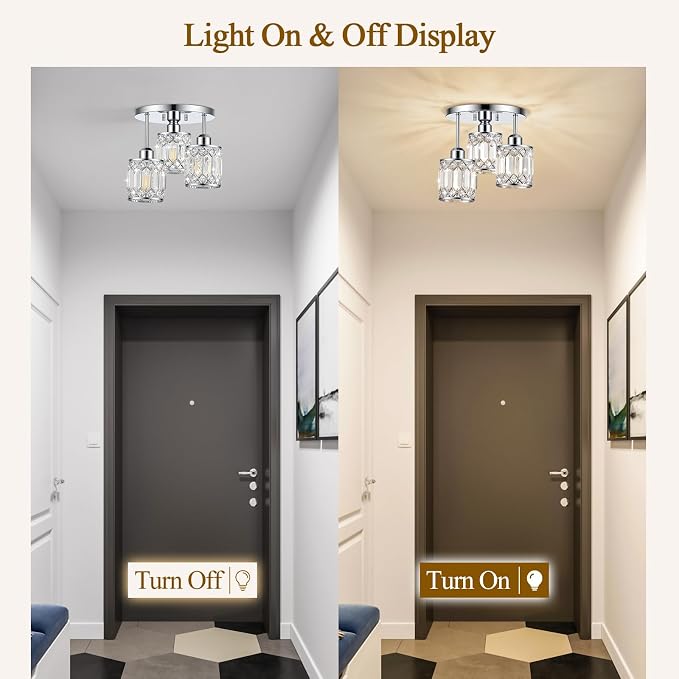 Chrome Crystal Ceiling Light Fixture, 3-Light, E26 | Modern Semi Flush Mount Ceiling Light, Kitchen Lighting Fixtures Ceiling for Hallway Bedroom Bathroom Laundry Room