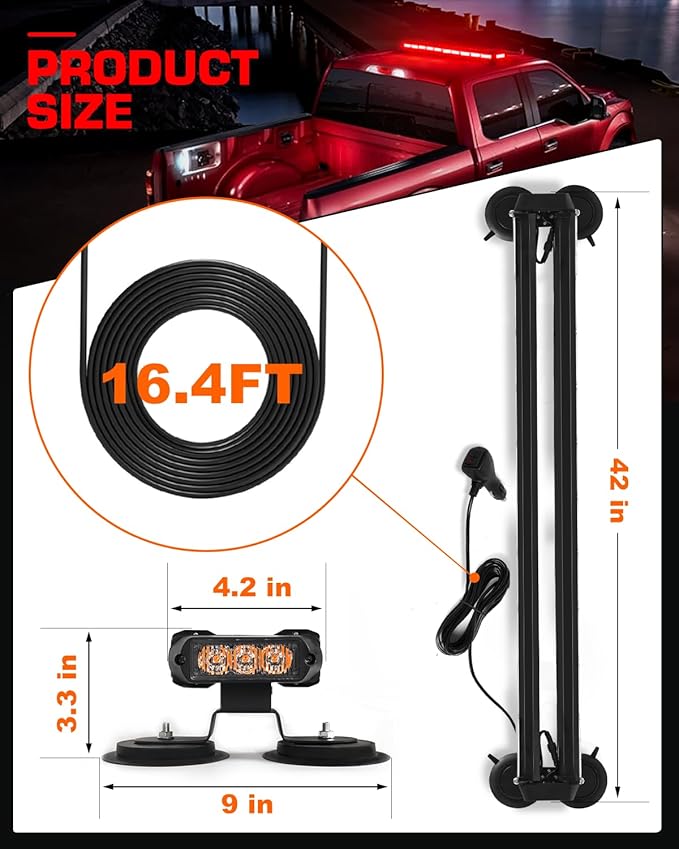 42" 206 LED Rooftop Strobe Flashing Light Bar Double Side Emergency Hazard Warning Beacon Lights w/Magnetic Base for Safety Construction Vehicles Trucks Pickup Snowplow