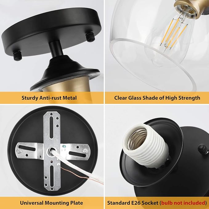 Modern Semi Flush Mount Ceiling Light with Clear Glass Shade, Black | Quick & Easy Installation, Premium Quality, Gold Accent, Perfect for Hallway Kitchen Entryway Laundry