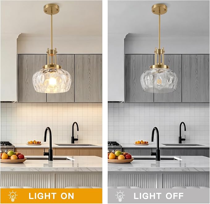 Gold Pendant Light Kitchen Island, 10 Inch, Hammered Glass Shade | Modern Farmhouse Style, For Kitchen Dining Room Bedroom, Bulb Not Included