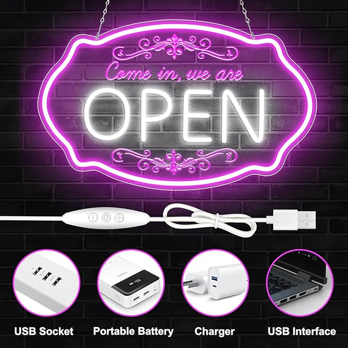 LED Neon Open Sign for Business, 16.5x10'' Come in We’re Open Sign, Pink&White Adjustable Brightness Neon Lights for Party, Bar, Salon, Stores, Hotel, Wall Decor, Clubs, Hotels