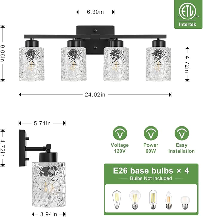 4-Light Bathroom Light Fixtures, Black Vanity Lights Over Mirror | Wall Sconces with Clear Textured Glass Shades for Living Room Bedroom Hallway,E26 Base (Bulbs Not Included)