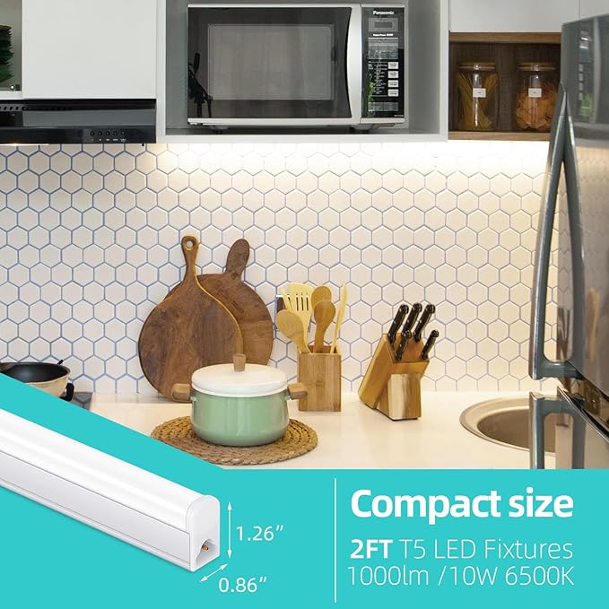 LED Shop Light 2FT, 10W 1000lm Super Bright 6500K 2 Pack | Linkable T5 LED Fixture and Under Cabinet Lights for Kitchen, Closet, Workbench, Corded Electric with Built-in ON/Off Switch