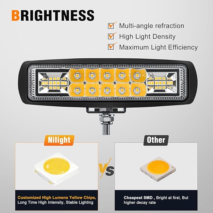 Nilight 6 Inch Yellow LED Light Pods 2 PCS 60W Flood Spot Combo Beam Off Road Work Driving Fog Lighting for 12V 24V ATV UTV Pickup Truck Tractor Boat
