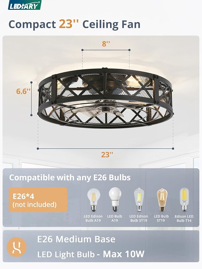 LEDIARY 23" Caged Farmhouse Ceiling Fan with Light, Flush Mount, Black | Remote&APP Control, Large Low Profile, Rustic Fandaliers, Industrial Bladeless Enclosed, Powerful Motor for Bedroom, Kitchen