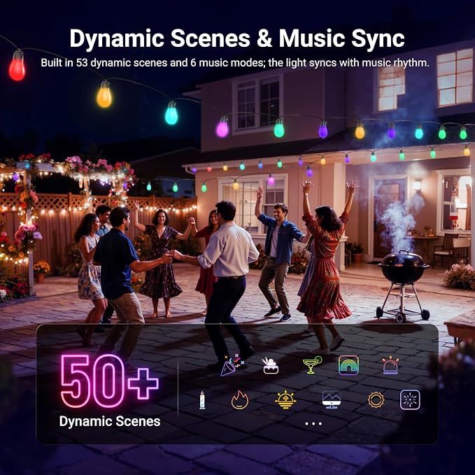 NEEWER 48ft Outdoor String Lights, App Control Smart AI RGBW Hanging, NR01 | Outside Patio Balcony Backyard Holiday Lighting, IP65 Waterproof, 15 LED Bulbs, 50+ Scenes, Compatible with Alexa Google