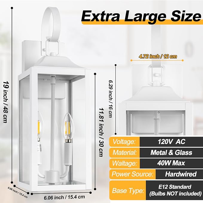 19" White Dusk to Dawn Outdoor Wall Lantern 2-Light, Farmhouse Porch Lights | Waterproof Outdoor Wall Sconce, Anti-Rust Modern Outdoor Light Fixture with Glass Large Coach Lights for Porch Garage, 1-Pack