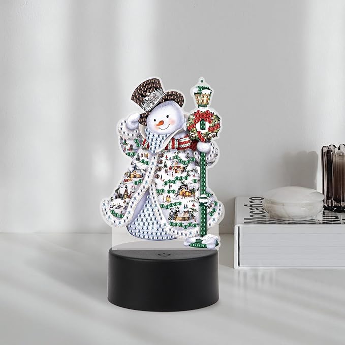 JISHSHAY Christmas Diamond Painting Night Light Diamond Art Table Lamps Gem Art LED Lights Gem Painting Desk Lamp Mosaic Kits for Adults DIY Kits for Adults Paint by Numbers Special Shaped Snowman