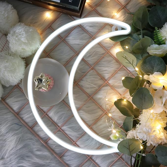 LED Cool White Moon Neon Sign Light, Battery or USB Powered 5V Cute Decor | Art Decorative Night Lights Rome Decorations for Girls, Window, Wall, Home, Bedroom, Office, Dorm, Party, Wedding, Birthday
