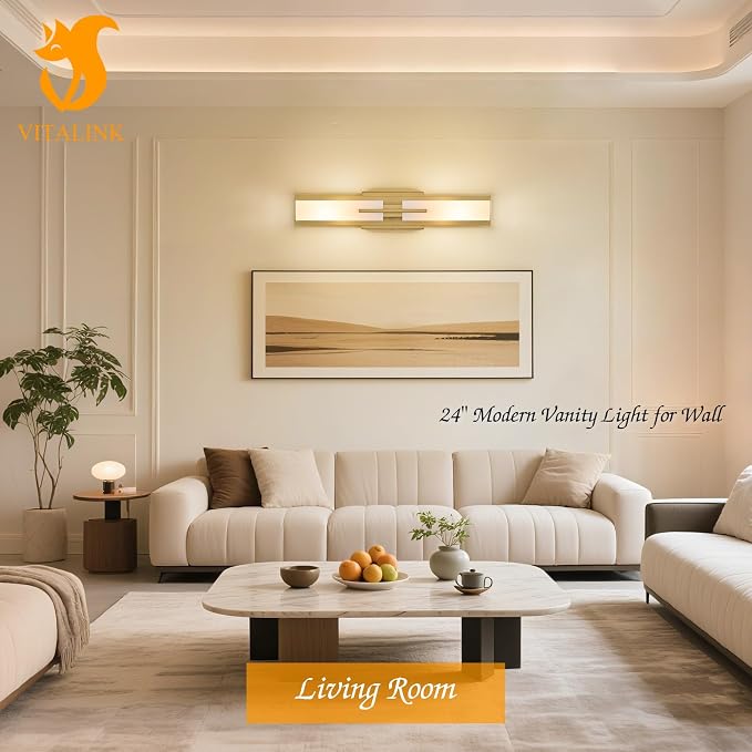 VitaLink Gold Vanity Light, 24” Modern Bathroom Wall Light Over Vanity Mirror 2-Light Hardwired Milky White Glass Wall Light for Bedroom Living Room Dining Room Hallway