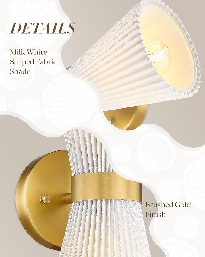 Gold Sconce Wall Lighting, HWH Single Wall Vanity Light Fixture for Living Room, Bathroom Wall Sconces with Milk White Striped Fabric Shade, Brushed Gold Finish, 5HZG97B-2W BG-FB
